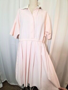 Kenny Classics Vintage Soft Pink White Collared Cotton Midi Dress. Pleated, Lg.